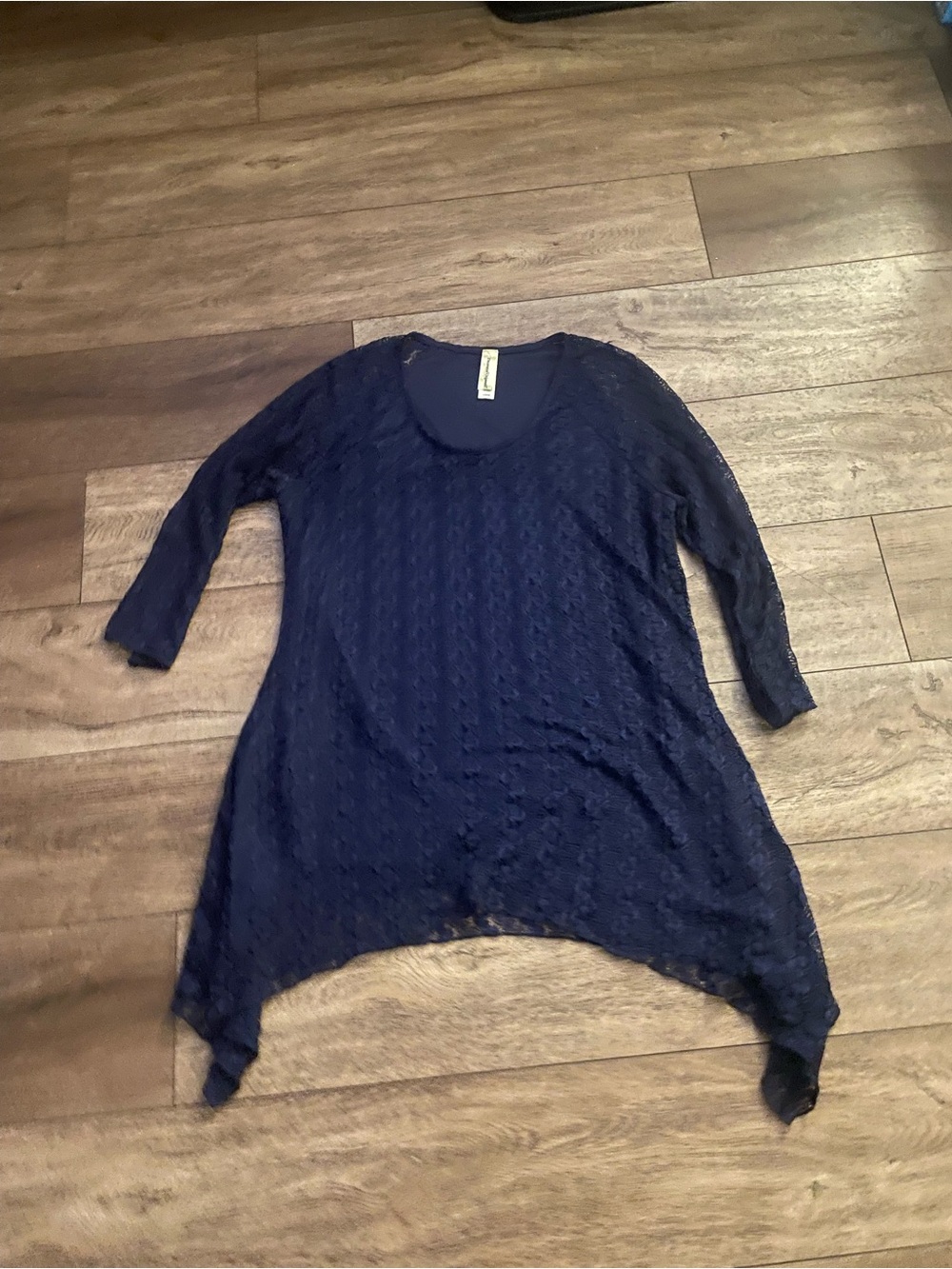 Navy Lace Overlay Tunic Top